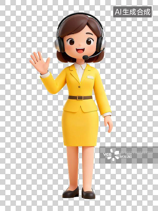 【AI数字艺术】3D渲染卡通人物，客服，戴着耳麦的讲解员，导游，解说员，免抠元素图片素材