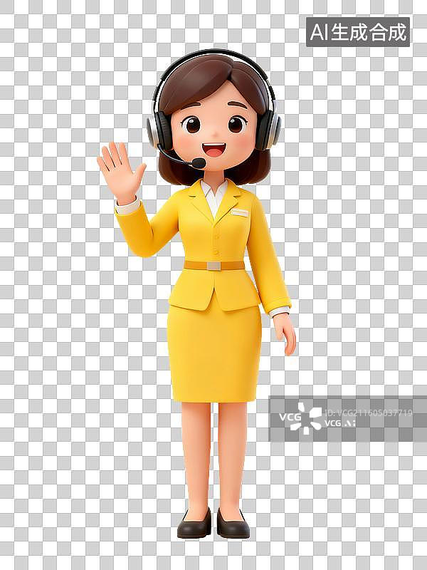 【AI数字艺术】3D渲染卡通人物，客服，戴着耳麦的讲解员，导游，解说员，免抠元素图片素材