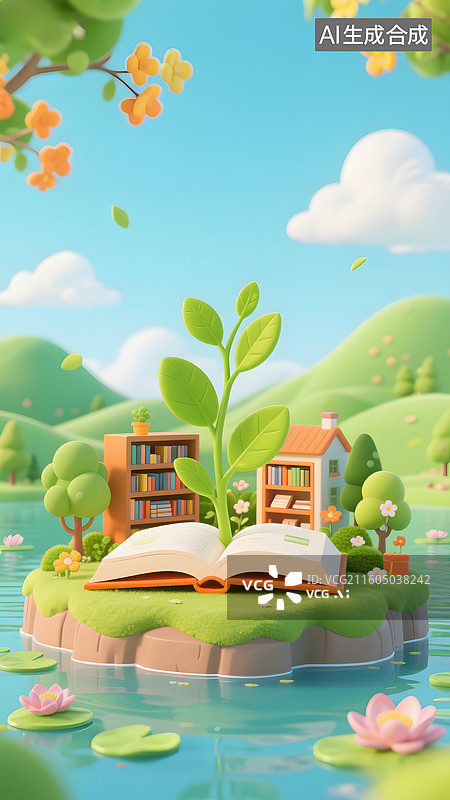 【AI数字艺术】3D卡通读书萌芽图片素材