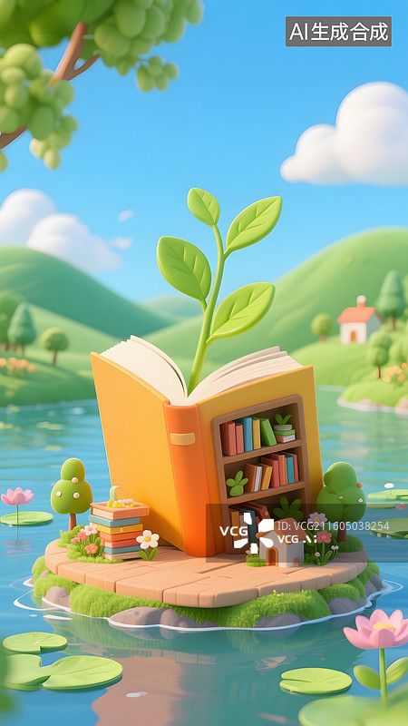 【AI数字艺术】3D卡通读书萌芽图片素材