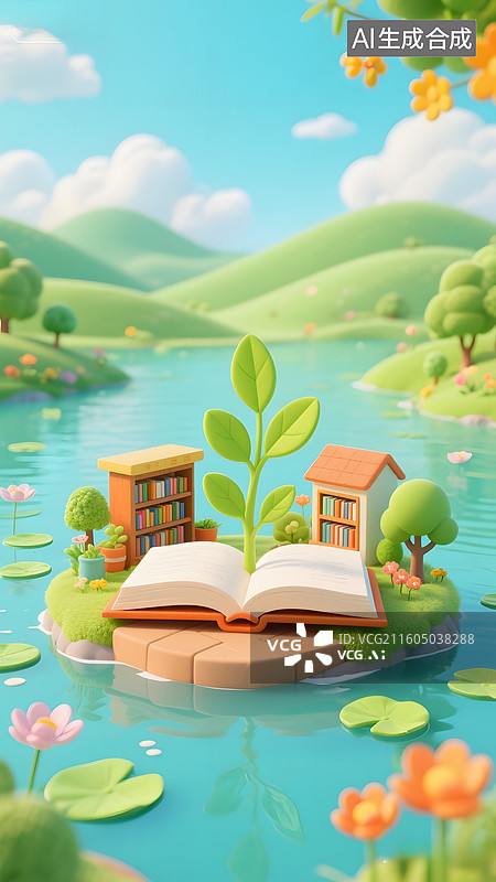 【AI数字艺术】3D卡通读书萌芽图片素材