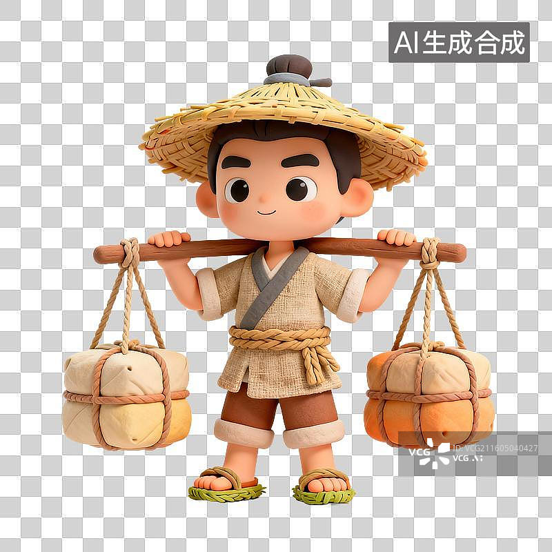 【AI数字艺术】卡通古风挑担少年图片素材