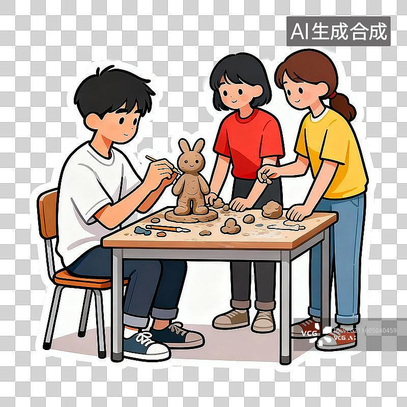 【AI数字艺术】孩子们一起制作泥塑兔子图片素材