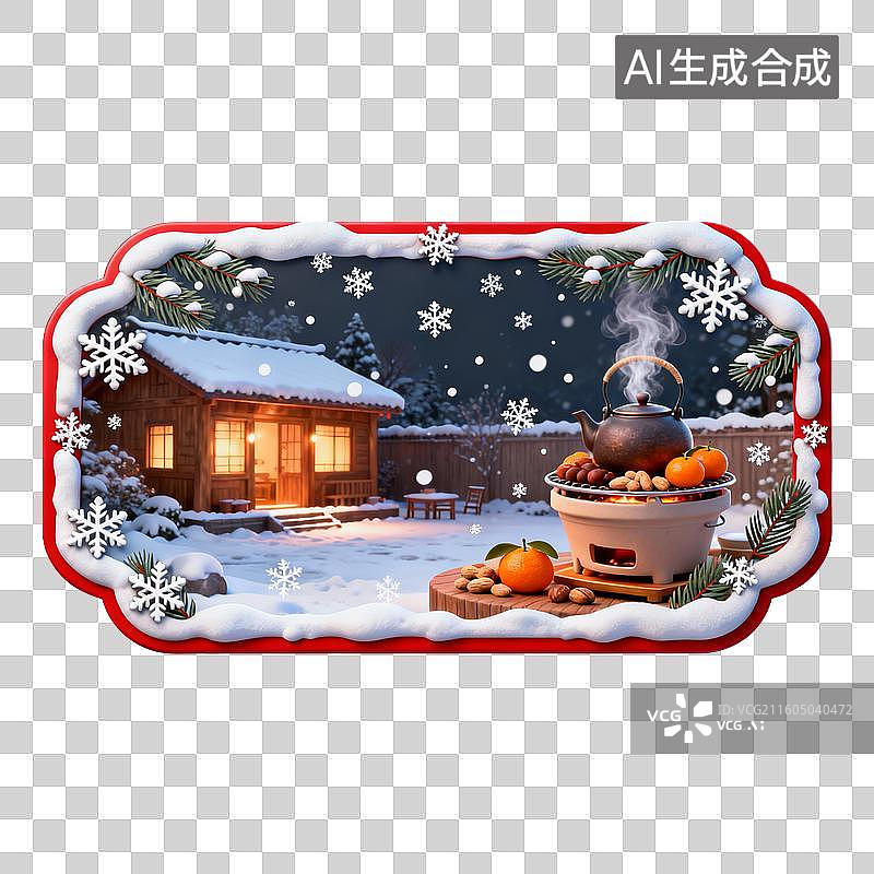 【AI数字艺术】冬日雪景中的温馨小屋与暖茶小食图片素材