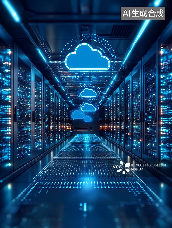 【AI数字艺术】数据库机房中心服务器云图标，云计算概念图片素材