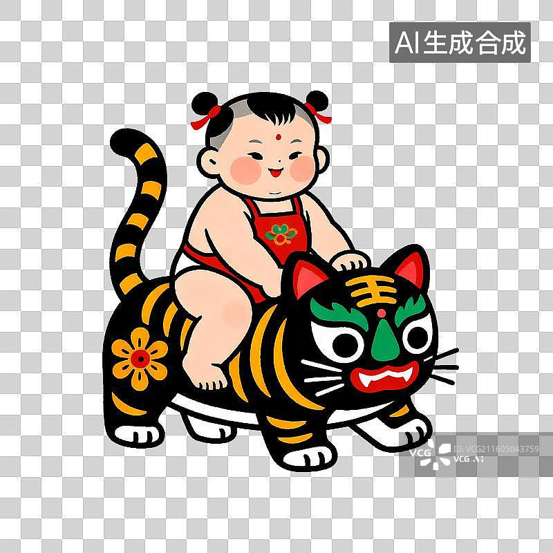 【AI数字艺术】骑着布老虎的年画娃娃图片素材