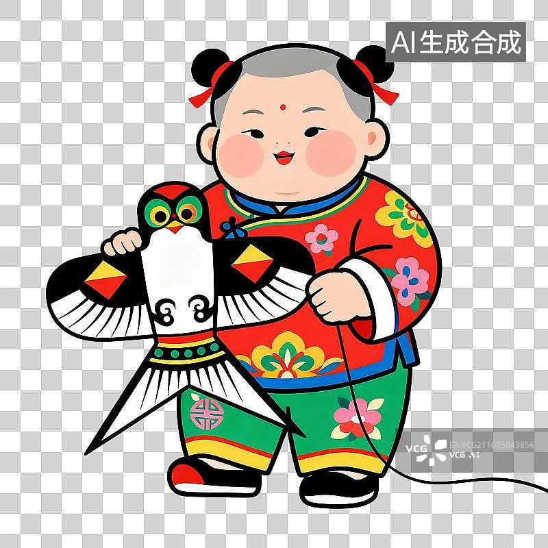 【AI数字艺术】年画娃娃拿着风筝图片素材