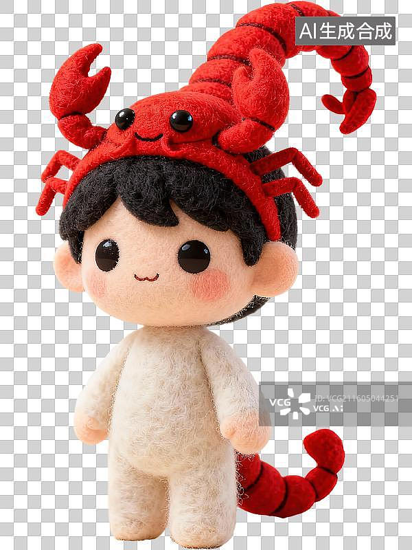 【AI数字艺术】天蝎座 12星座水象拟人形象造型 3D卡通立体手工针织毛毡风格毛绒玩具手办棉花娃娃创意设计透明无背景图片素材