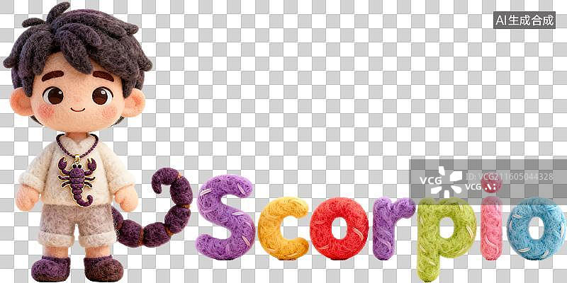 【AI数字艺术】天蝎座 12星座水象拟人形象造型 3D卡通立体手工针织毛毡风格毛绒玩具手办棉花娃娃创意设计透明无背景图片素材