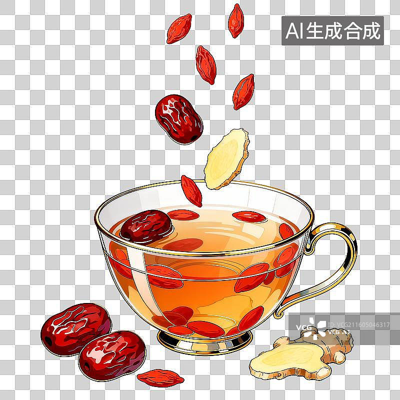 【AI数字艺术】冬日祛寒传统茶饮透明玻璃杯里的红枣姜茶图片素材