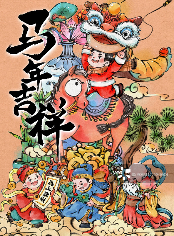马年春节背景图国风水彩水墨图片素材