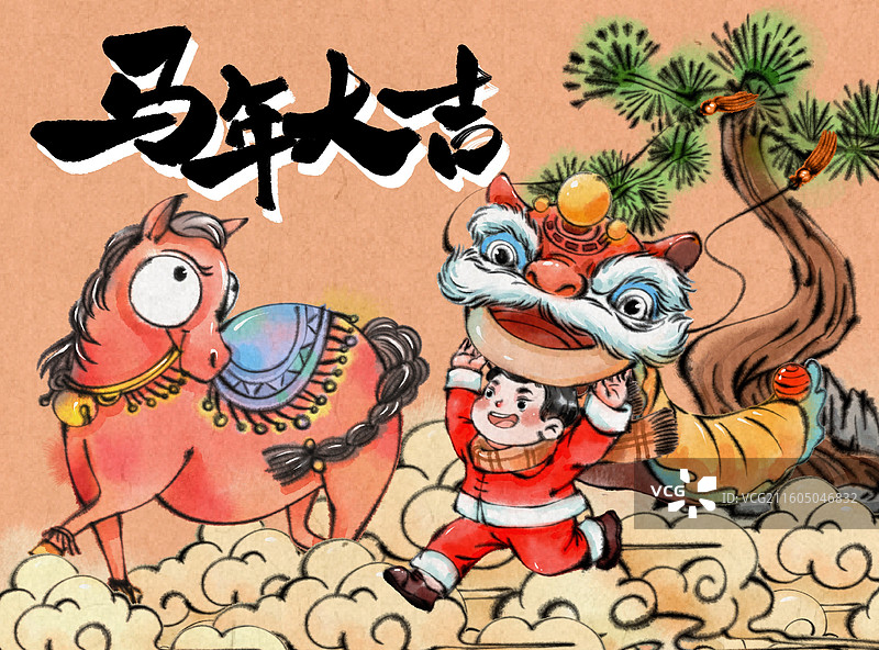 马年春节背景图国风水彩水墨图片素材