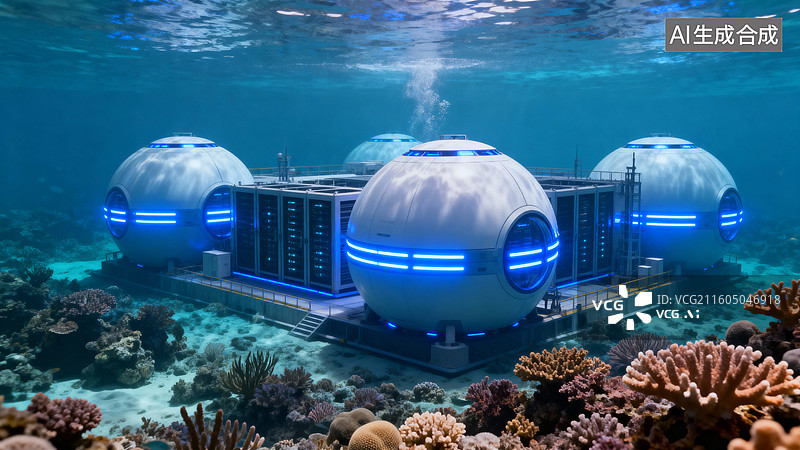 【AI数字艺术】珊瑚礁中的水下球形建筑图片素材