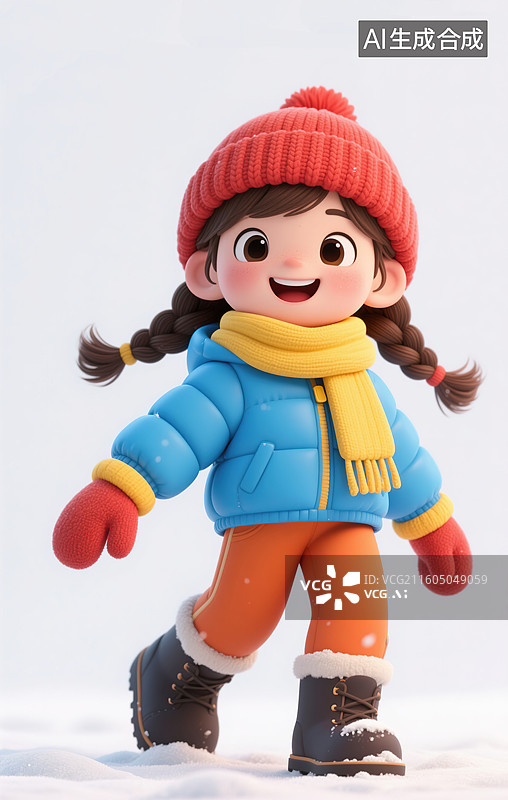 【AI数字艺术】冬天穿着蓝色羽绒服的女孩3d插画图片素材