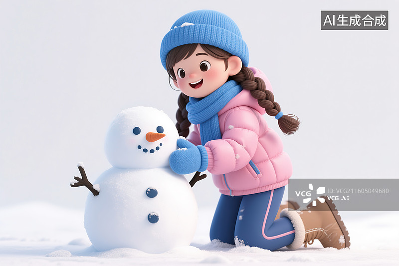 【AI数字艺术】冬天堆雪人的女孩3d插画图片素材