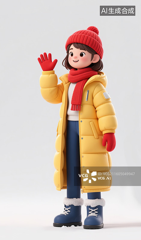 【AI数字艺术】冬天穿着黄色长款羽绒服的女孩3d插画图片素材