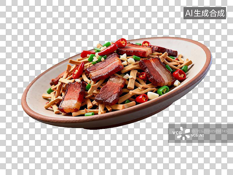 【AI数字艺术】3d粘土质感腊肉炒烟笋美食元素图片素材