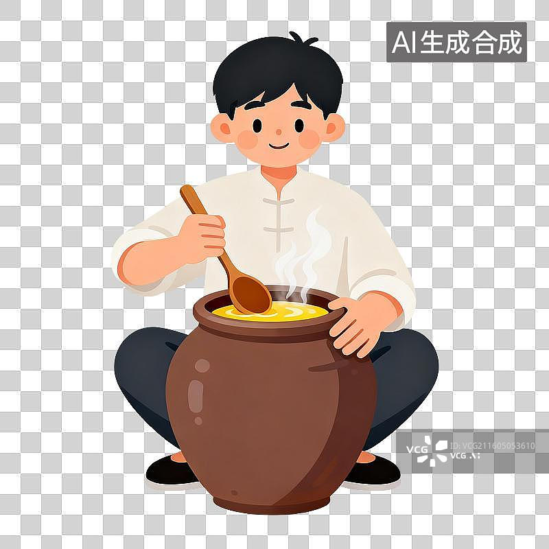 【AI数字艺术】男孩蹲坐搅拌陶罐中的热汤图片素材