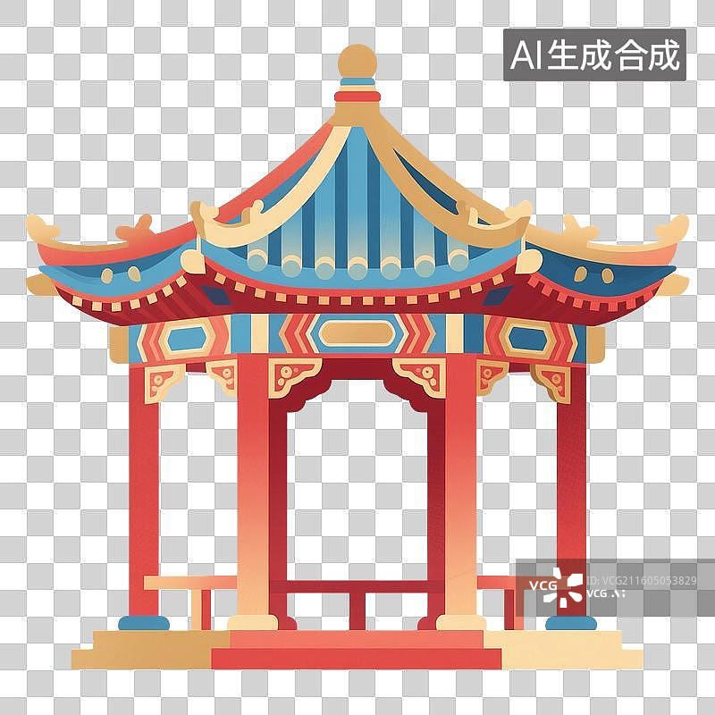 【AI数字艺术】国潮风手绘插画，中国古代建筑，中式古代建筑，凉亭，亭台楼阁，园林景观，免抠元素图片素材