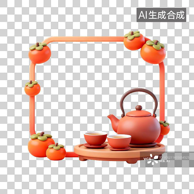 【AI数字艺术】3D渲染，中国风边框，围炉煮茶，柿子，茶壶茶杯，茶道，茶文化，秋天美食免抠元素图片素材