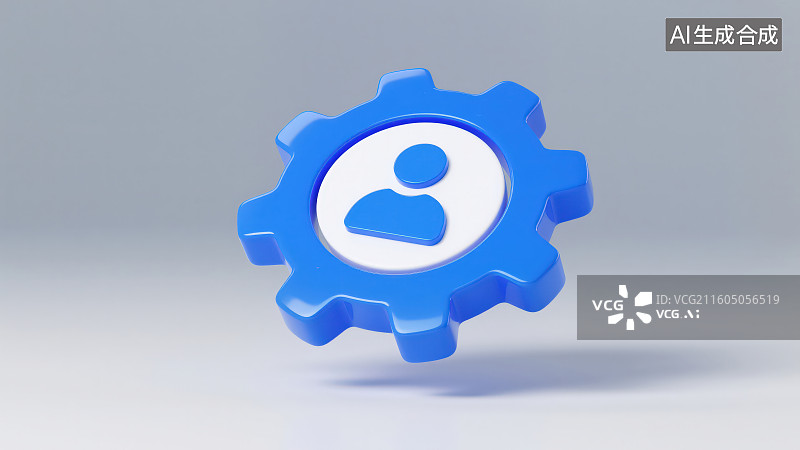 【AI数字艺术】纯色背景下悬浮着的蓝色齿轮与齿轮中间带有人形图案图片素材