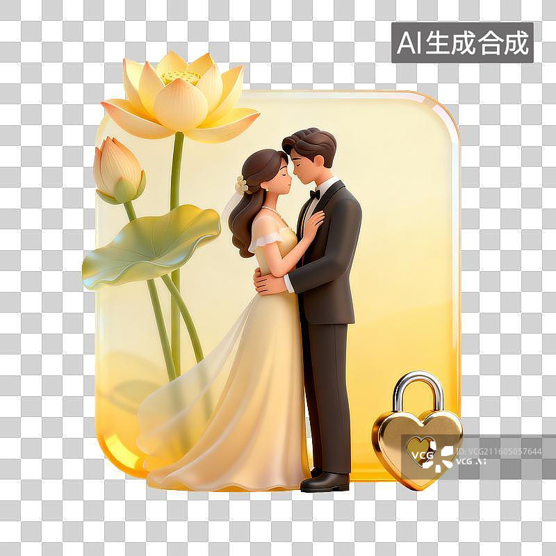 【AI数字艺术】浪漫新婚情侣拥抱与荷花爱心锁图片素材