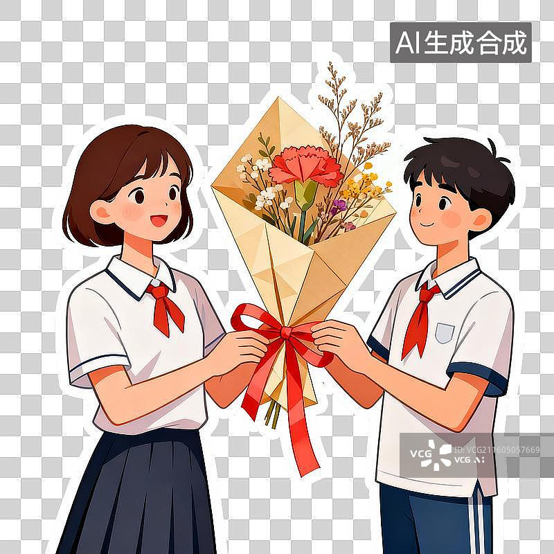 【AI数字艺术】男女同学穿校服共同手持花束图片素材