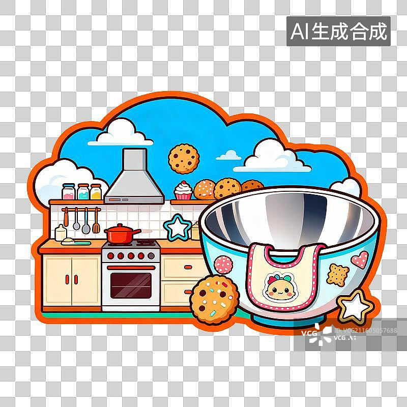 【AI数字艺术】卡通厨房与婴儿餐具童趣插画图片素材
