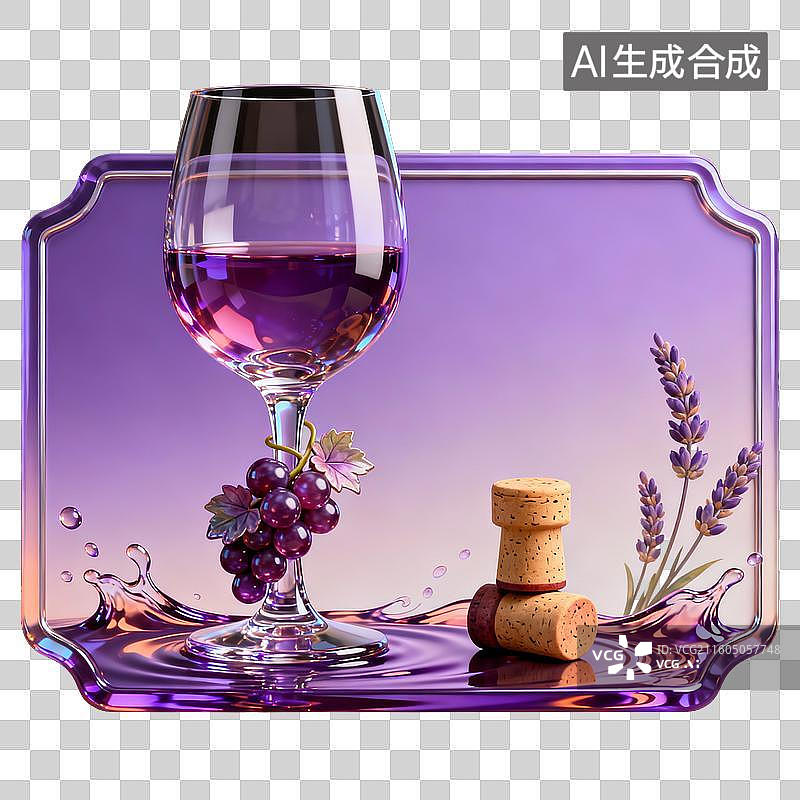 【AI数字艺术】紫色托盘上的葡萄酒杯、葡萄与酒塞图片素材