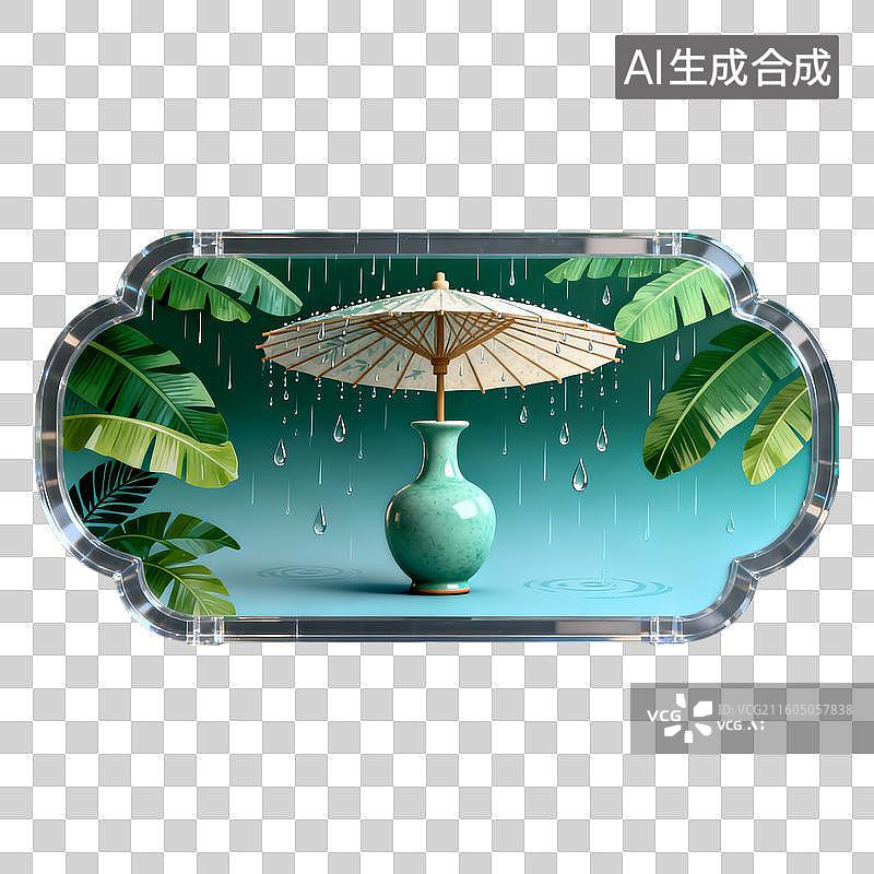 【AI数字艺术】雨幕中芭蕉叶旁的青瓷花瓶与油纸伞图片素材
