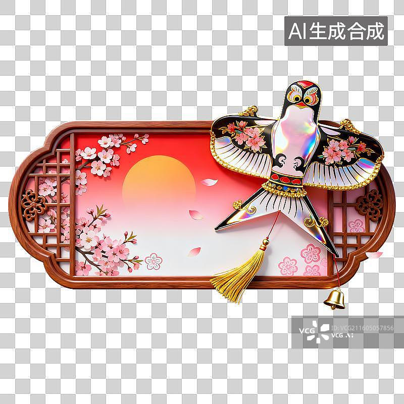 【AI数字艺术】传统窗景中的桃花落日与燕子风筝图片素材