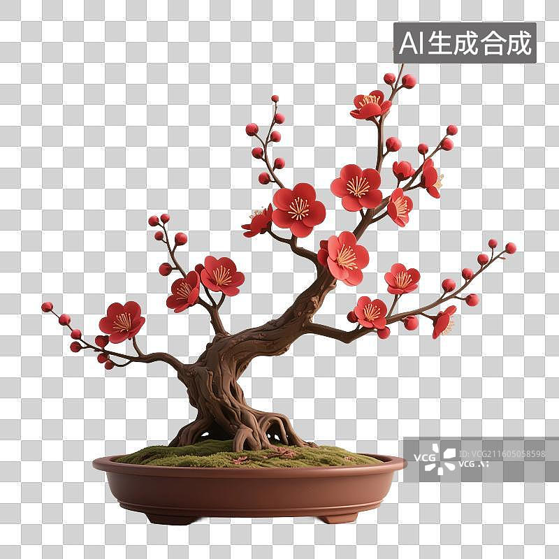 【AI数字艺术】3D渲染，中国风喜庆的红梅，春节大红色梅花，红色梅花盆栽，新年，春节免抠素材图片素材