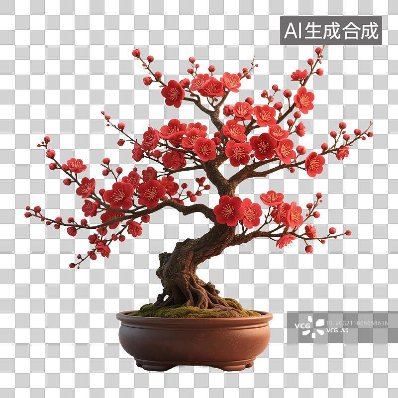 【AI数字艺术】3D渲染，中国风喜庆的红梅，春节大红色梅花，红色梅花盆栽，新年，春节免抠素材图片素材