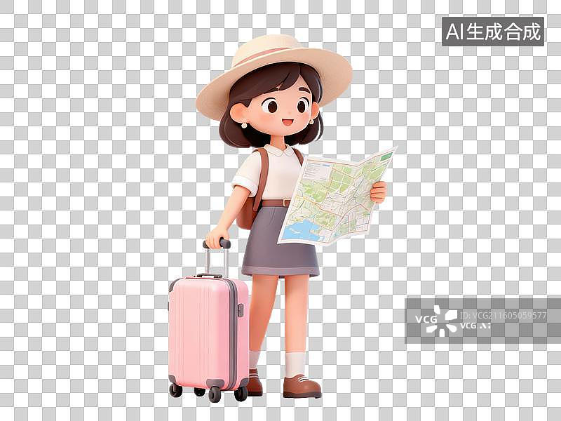【AI数字艺术】女孩手持地图拖行李箱图片素材