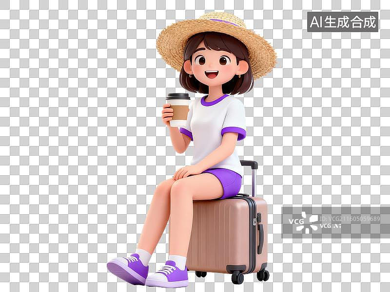 【AI数字艺术】女孩坐在行李箱上喝咖啡图片素材
