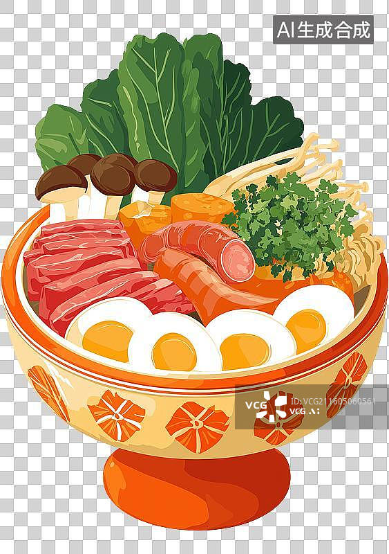 【AI数字艺术】一碗丰盛的蔬菜肉类拼盘火锅图片素材