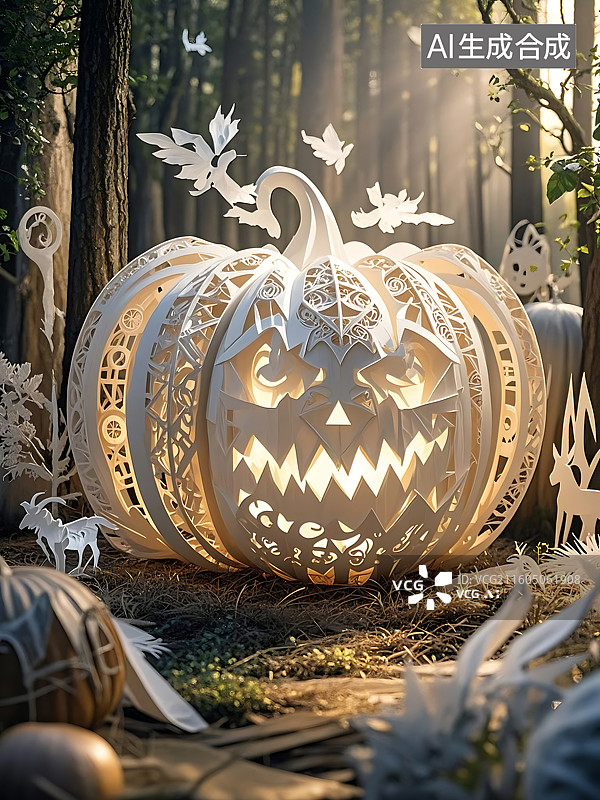 【AI数字艺术】纸雕南瓜在森林中的万圣节场景图片素材