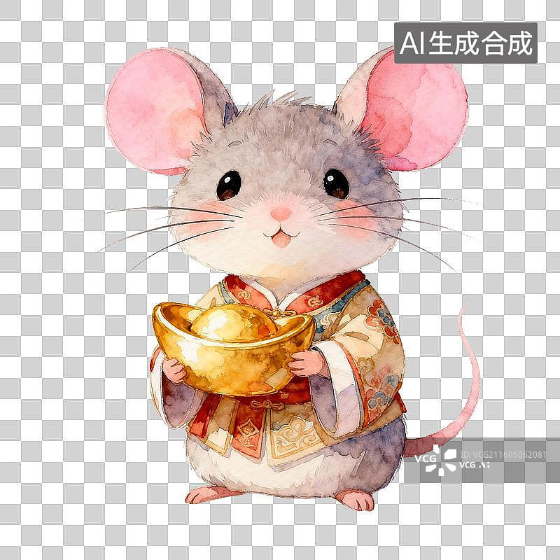 【AI数字艺术】穿着传统服饰手持金元宝的可爱老鼠图片素材