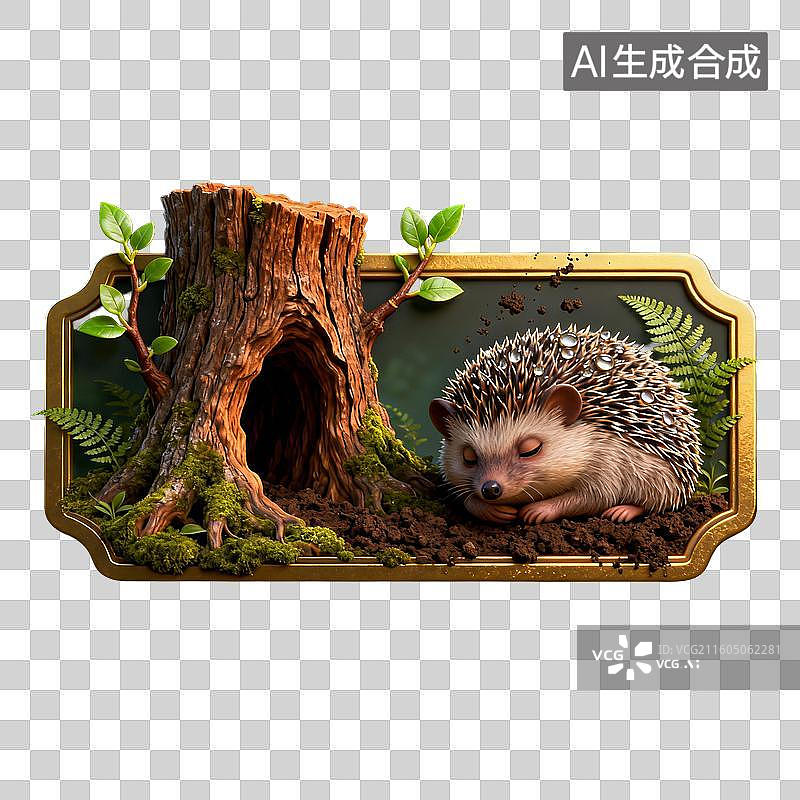 【AI数字艺术】树桩旁熟睡的刺猬图片素材