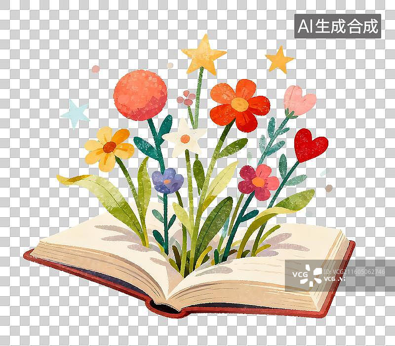 【AI数字艺术】书上开出许多花2D插画免抠元素图片素材