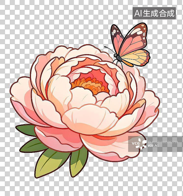【AI数字艺术】盛开的牡丹花和蝴蝶2D插画免抠元素图片素材