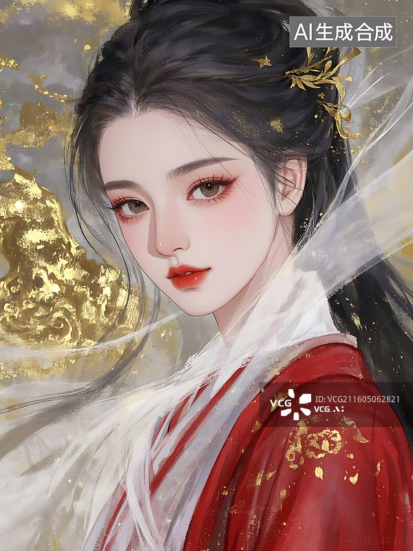 【AI数字艺术】古典仕女图：红衣金饰，眉目如画，仙气飘逸图片素材