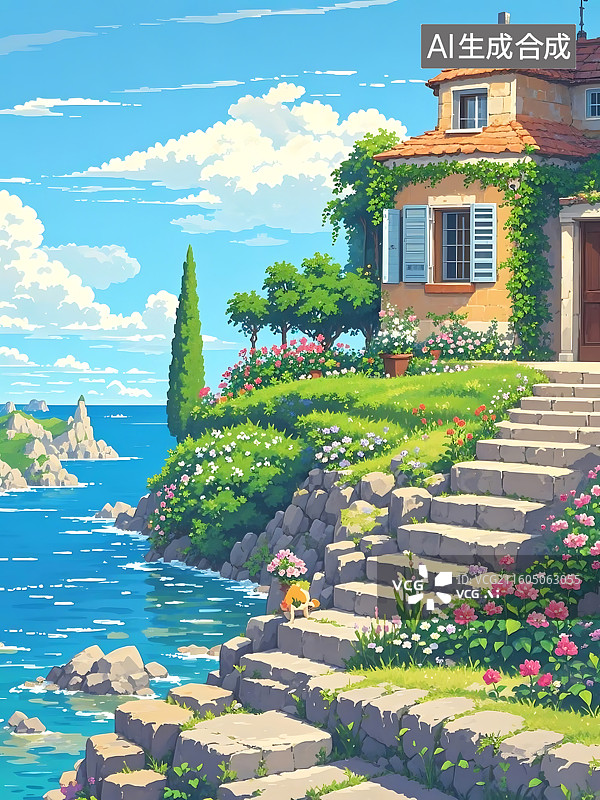 【AI数字艺术】地中海风情，依山傍水的梦幻小镇图片素材
