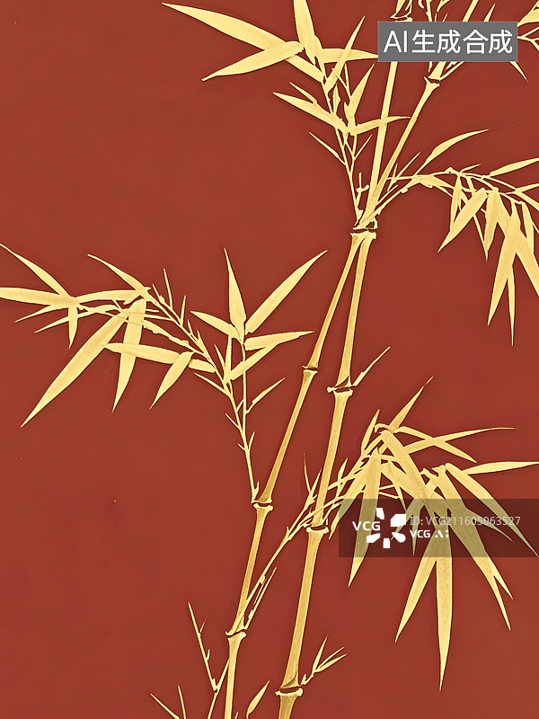 【AI数字艺术】金色竹叶与竹干在红棕色背景上的优雅图案图片素材