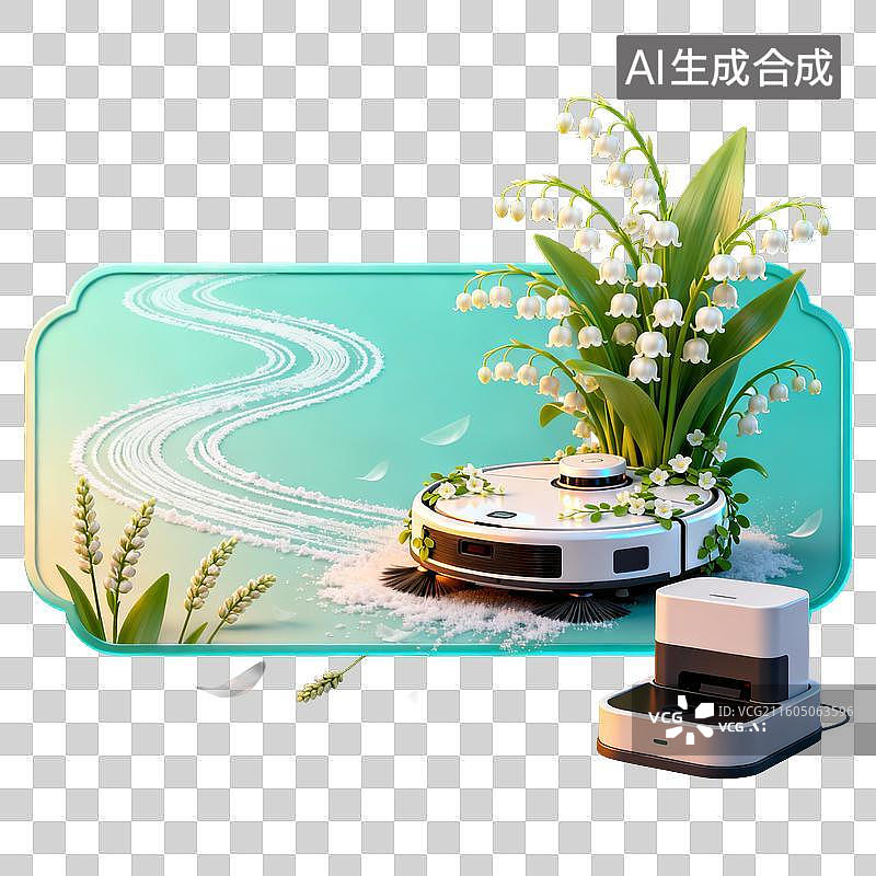 【AI数字艺术】智能扫地机器人与铃兰花清新家居清洁场景图片素材