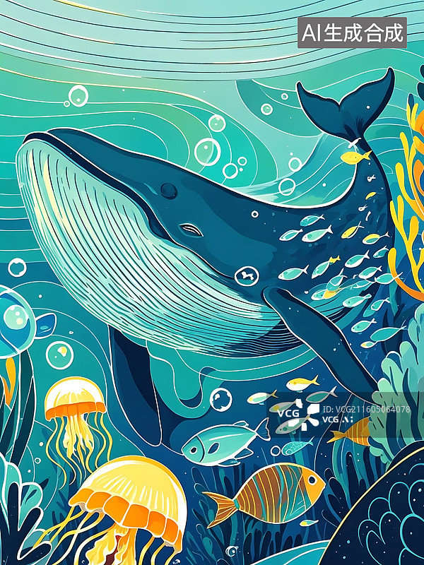 【AI数字艺术】海底世界：蓝鲸畅游，鱼群环绕，海草点缀图片素材