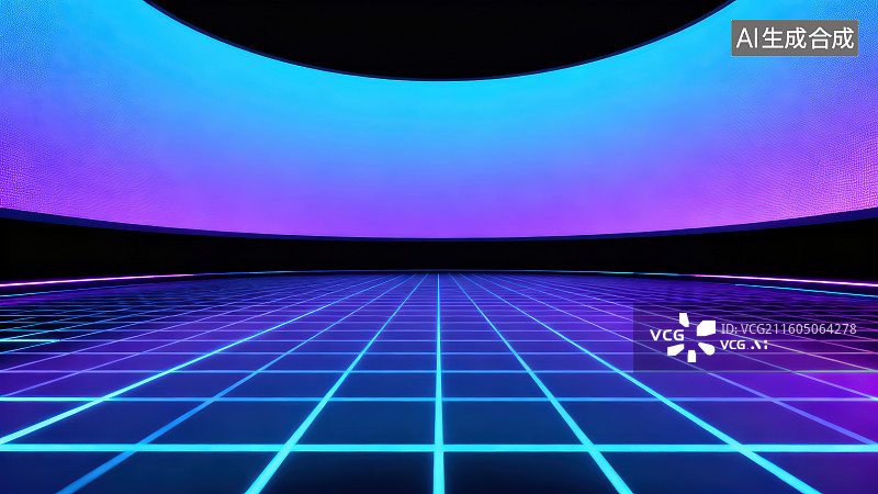 【AI数字艺术】未来科技网格灯光紫蓝色渐变光效舞台环形屏幕人造空间背景图片素材