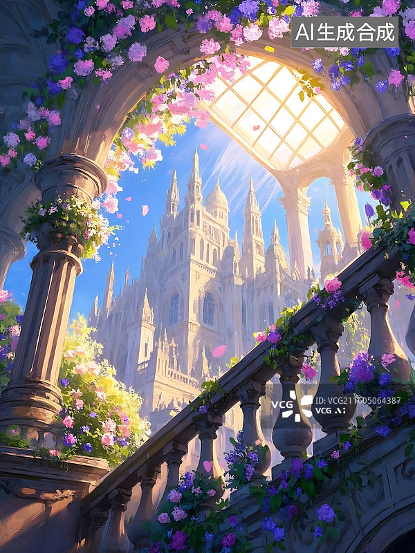 【AI数字艺术】城堡与鲜花，通往天堂的阶梯图片素材