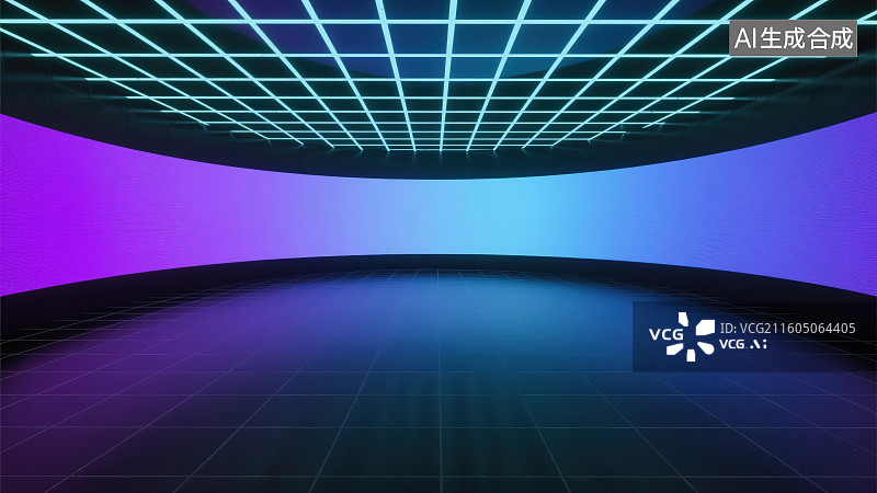 【AI数字艺术】未来科技网格灯光紫蓝色渐变光效舞台环形屏幕人造空间背景图片素材