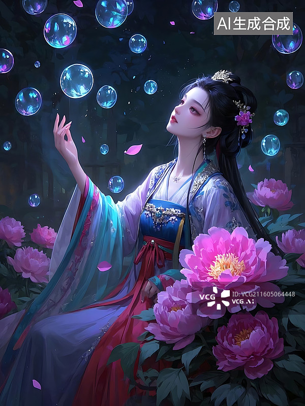 【AI数字艺术】繁花簇拥下的古典美人，与晶莹气泡的梦幻交织图片素材